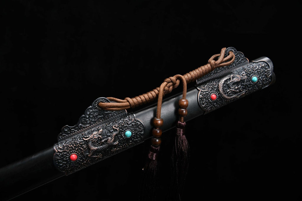 1060 New Handmade Long 26-inch Patterned Steel Burnished Edge Deluxe Blades Tang Sword - Ink Dragon Tang Sword