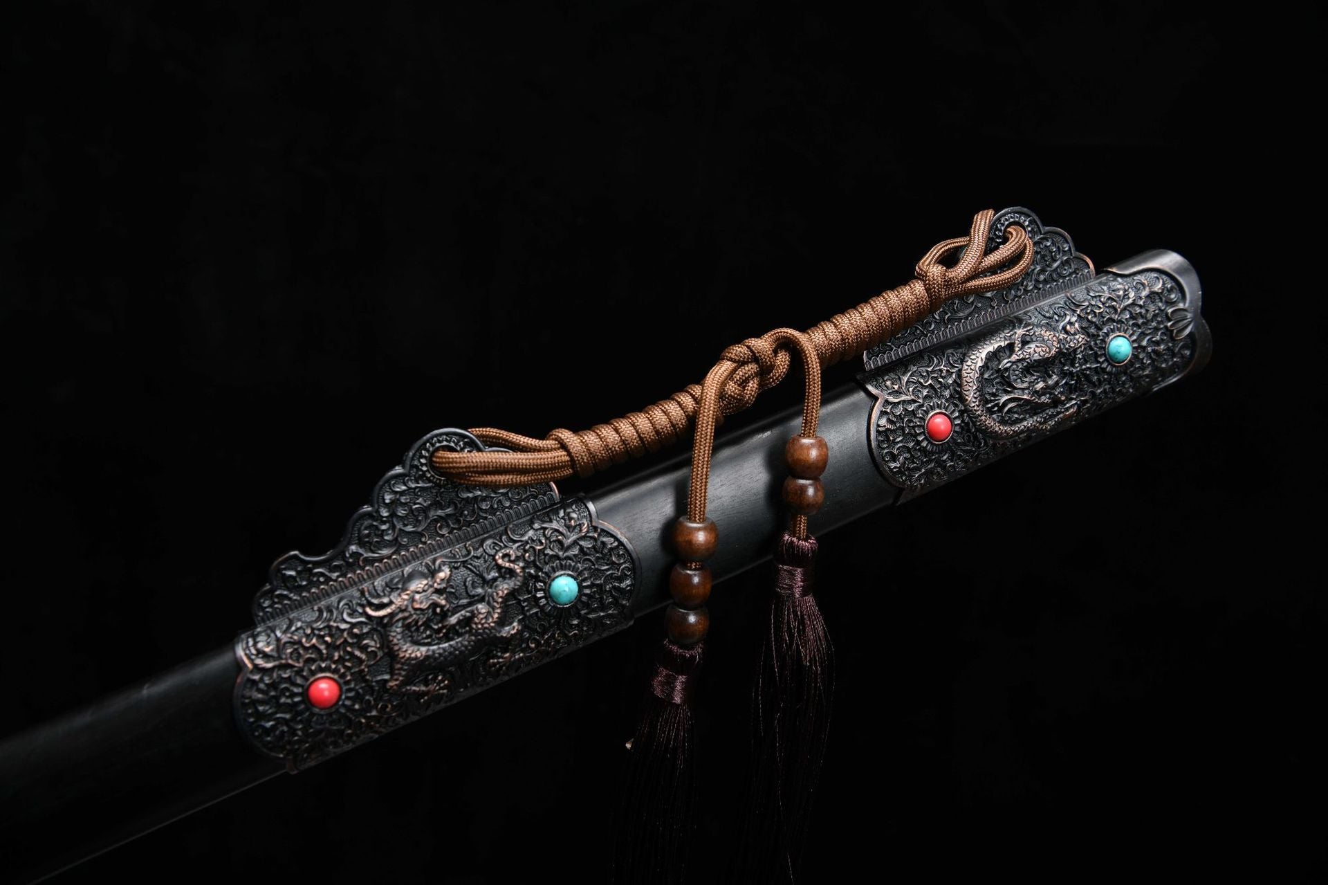 1060 New Handmade Long 26-inch Patterned Steel Burnished Edge Deluxe Blades Tang Sword - Ink Dragon Tang Sword