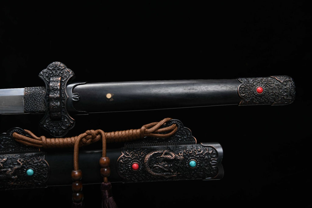 1060 New Handmade Long 26-inch Patterned Steel Burnished Edge Deluxe Blades Tang Sword - Ink Dragon Tang Sword