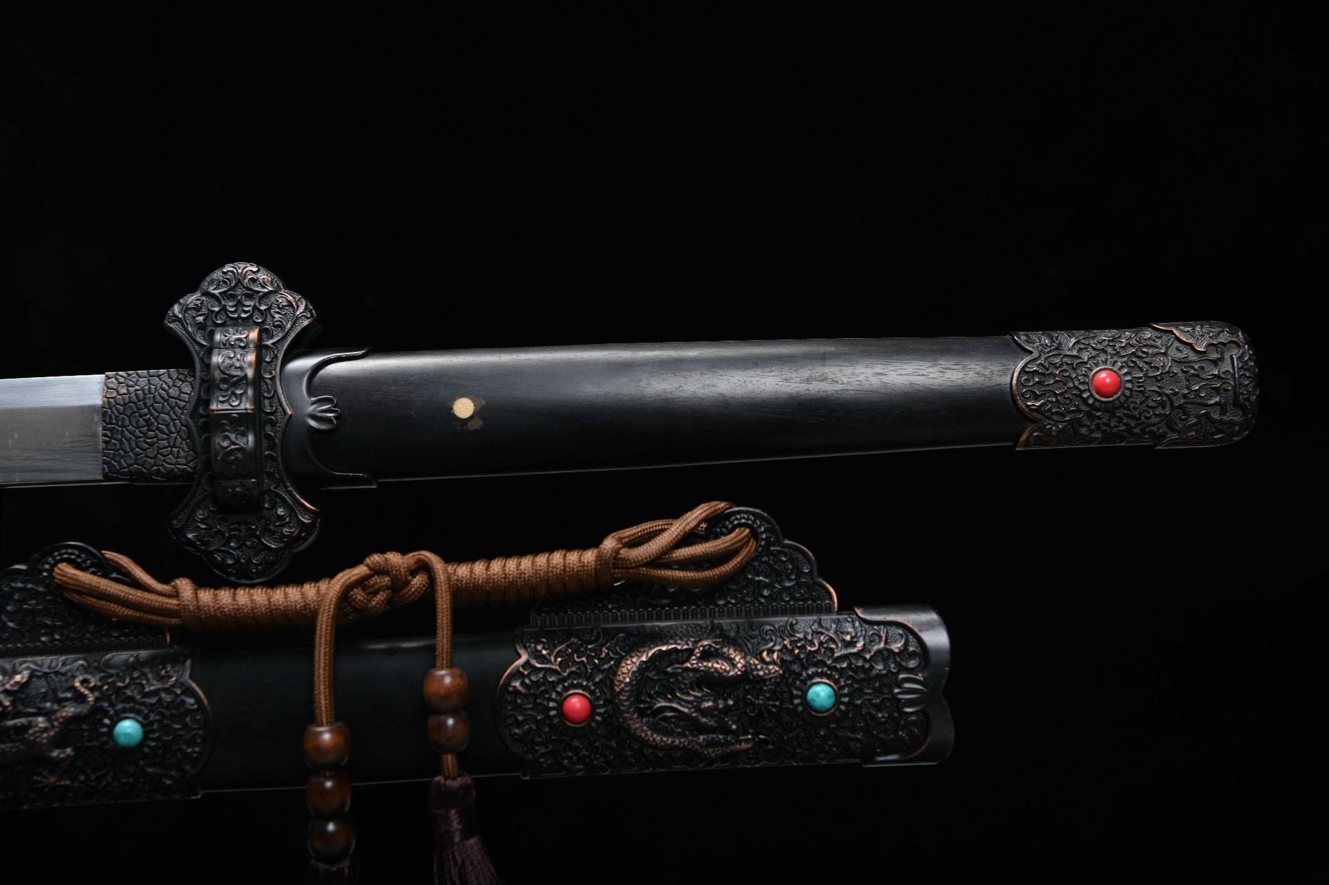 1060 New Handmade Long 26-inch Patterned Steel Burnished Edge Deluxe Blades Tang Sword - Ink Dragon Tang Sword