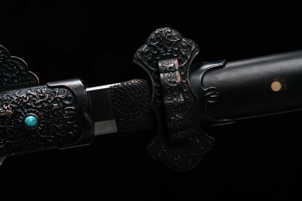 1060 New Handmade Long 26-inch Patterned Steel Burnished Edge Deluxe Blades Tang Sword - Ink Dragon Tang Sword