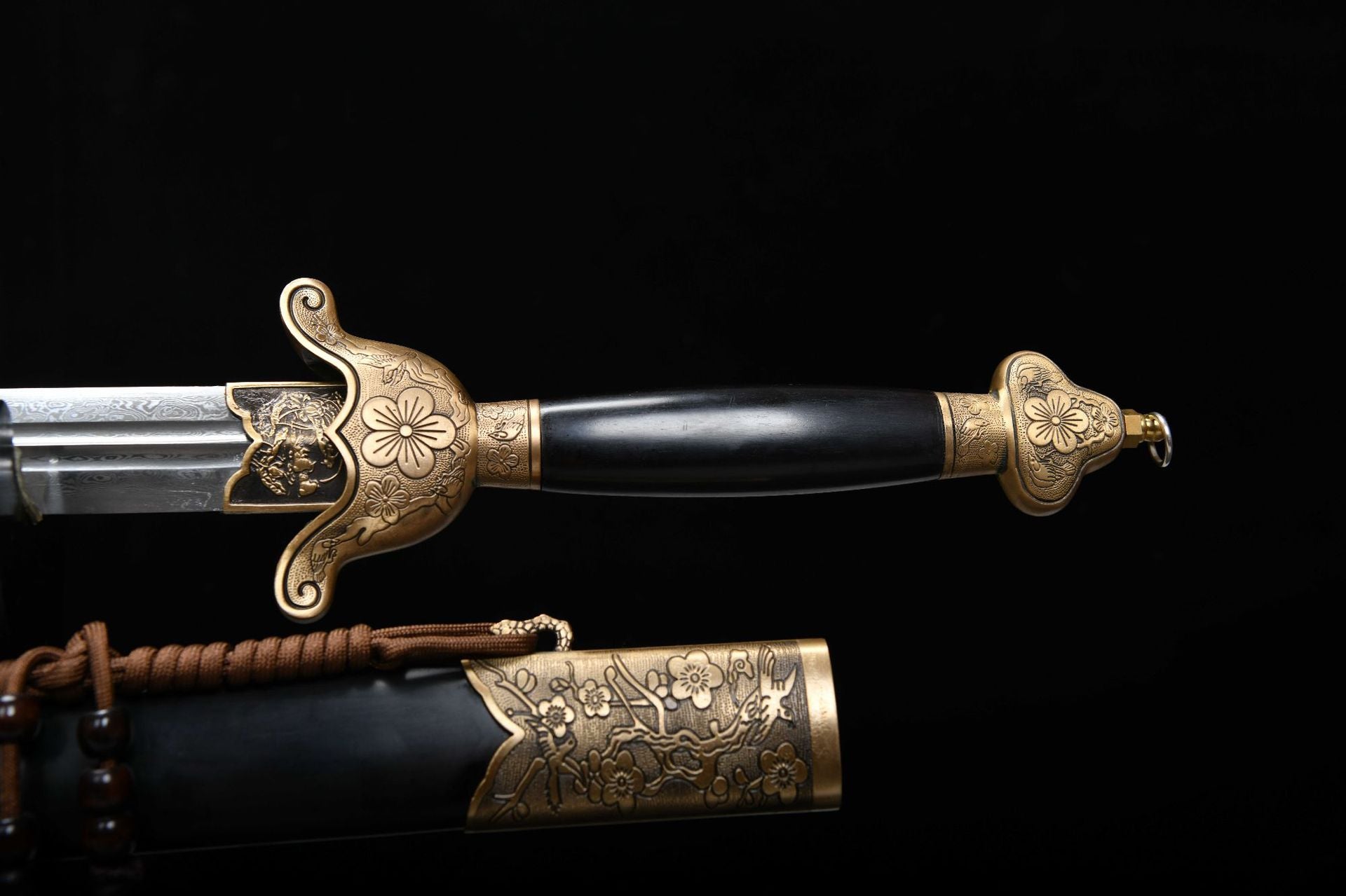 1200 New Handmade Long 28-inch Ebony Patterned Steel Clear Sword - Plum Blossom One-Handed Sword