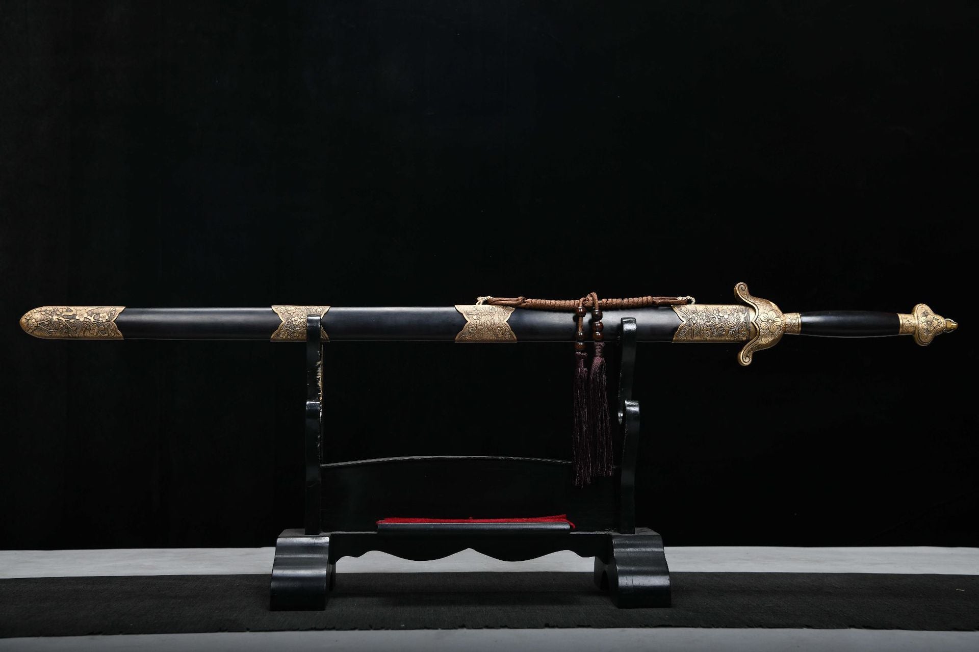 1200 New Handmade Long 28-inch Ebony Patterned Steel Clear Sword - Plum Blossom One-Handed Sword