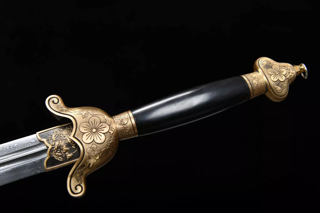 1200 New Handmade Long 28-inch Ebony Patterned Steel Clear Sword - Plum Blossom One-Handed Sword