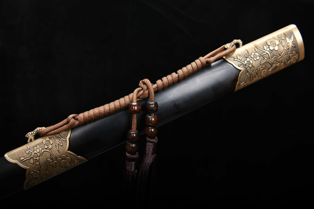 1200 New Handmade Long 28-inch Ebony Patterned Steel Clear Sword - Plum Blossom One-Handed Sword