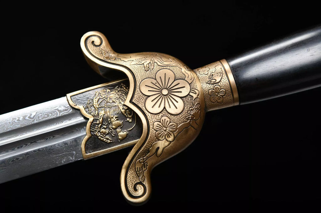 1200 New Handmade Long 28-inch Ebony Patterned Steel Clear Sword - Plum Blossom One-Handed Sword