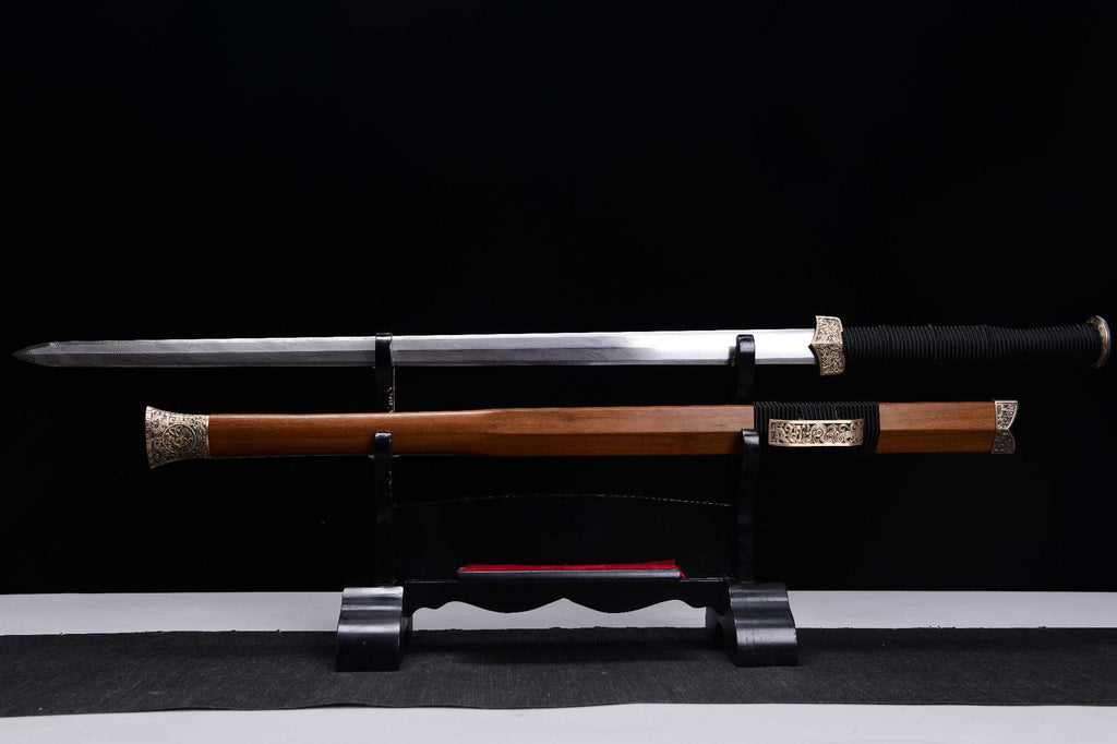 1200 Long 28" Damascus Stone Washed Flat Hilt Han Sword - Ancient War Sword