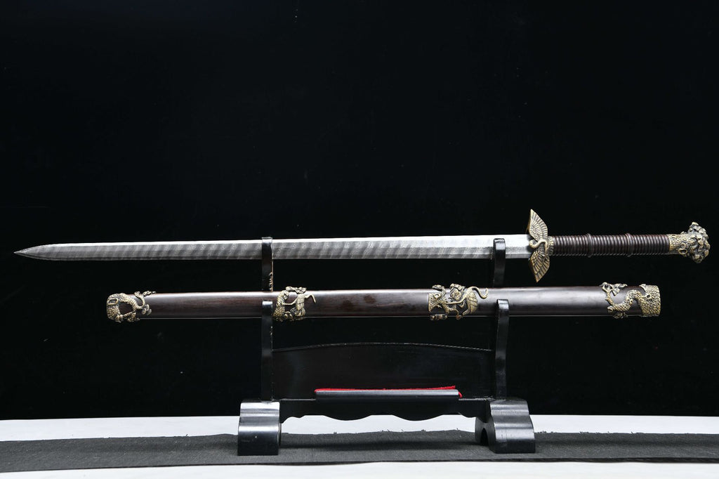 1700 New handmade Long 28 inch ebony ladder pattern Tang sword--Pine and Crane Evergreen Fukushou Sword