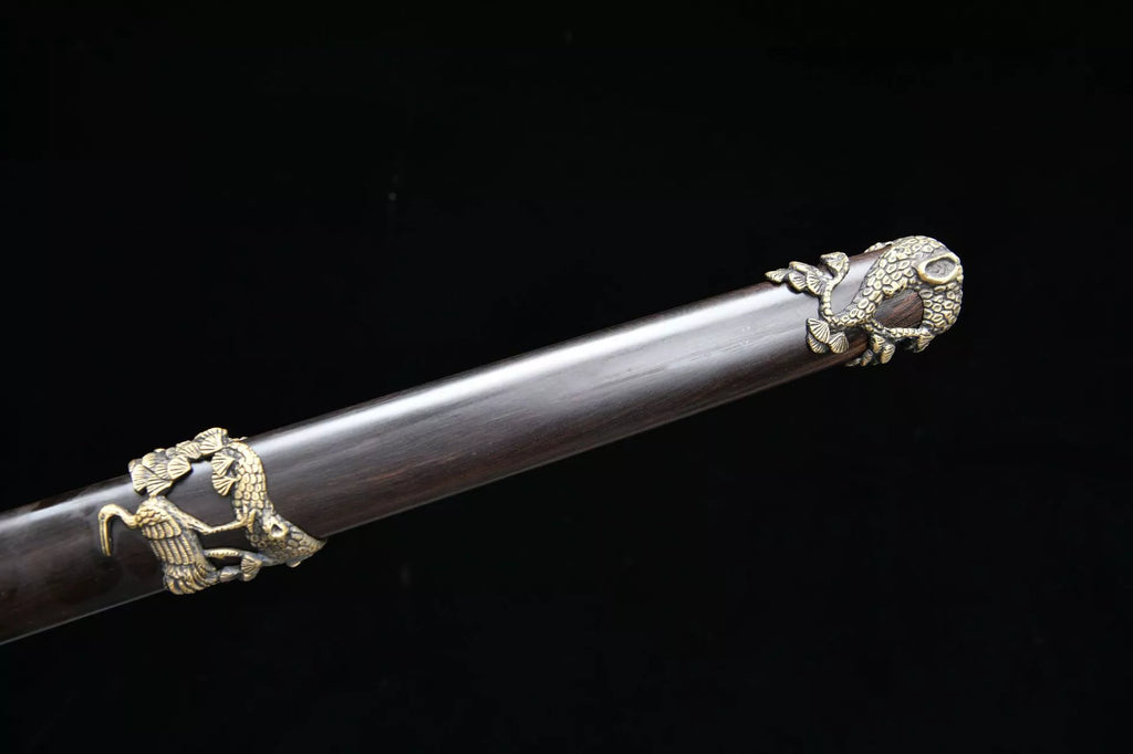 1700 New handmade Long 28 inch ebony ladder pattern Tang sword--Pine and Crane Evergreen Fukushou Sword