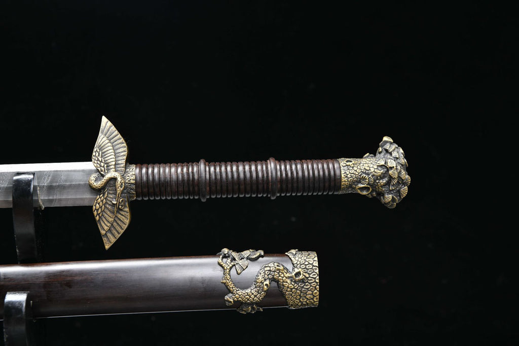 1700 New handmade Long 28 inch ebony ladder pattern Tang sword--Pine and Crane Evergreen Fukushou Sword