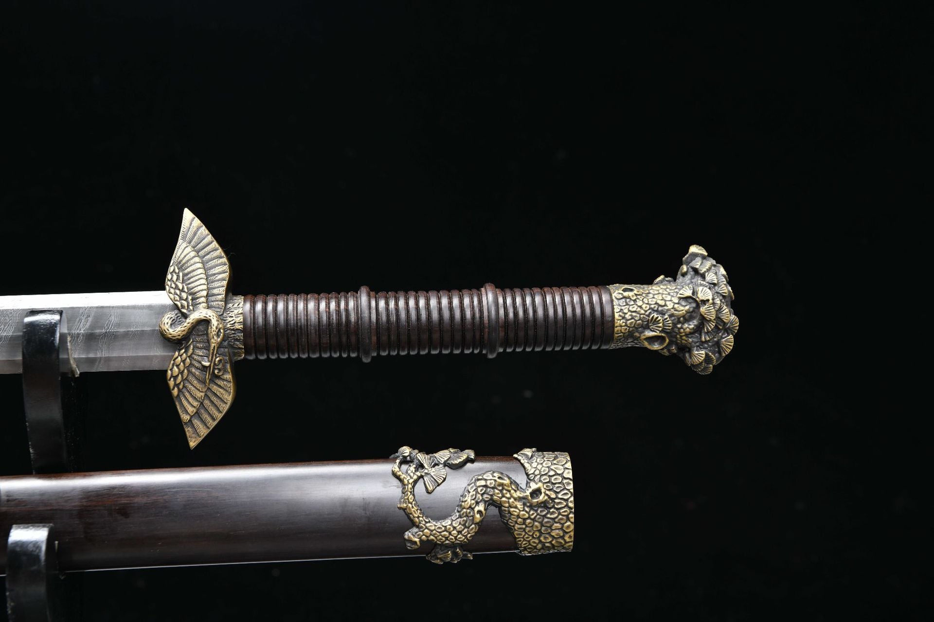 1700 New handmade Long 28 inch ebony ladder pattern Tang sword--Pine and Crane Evergreen Fukushou Sword