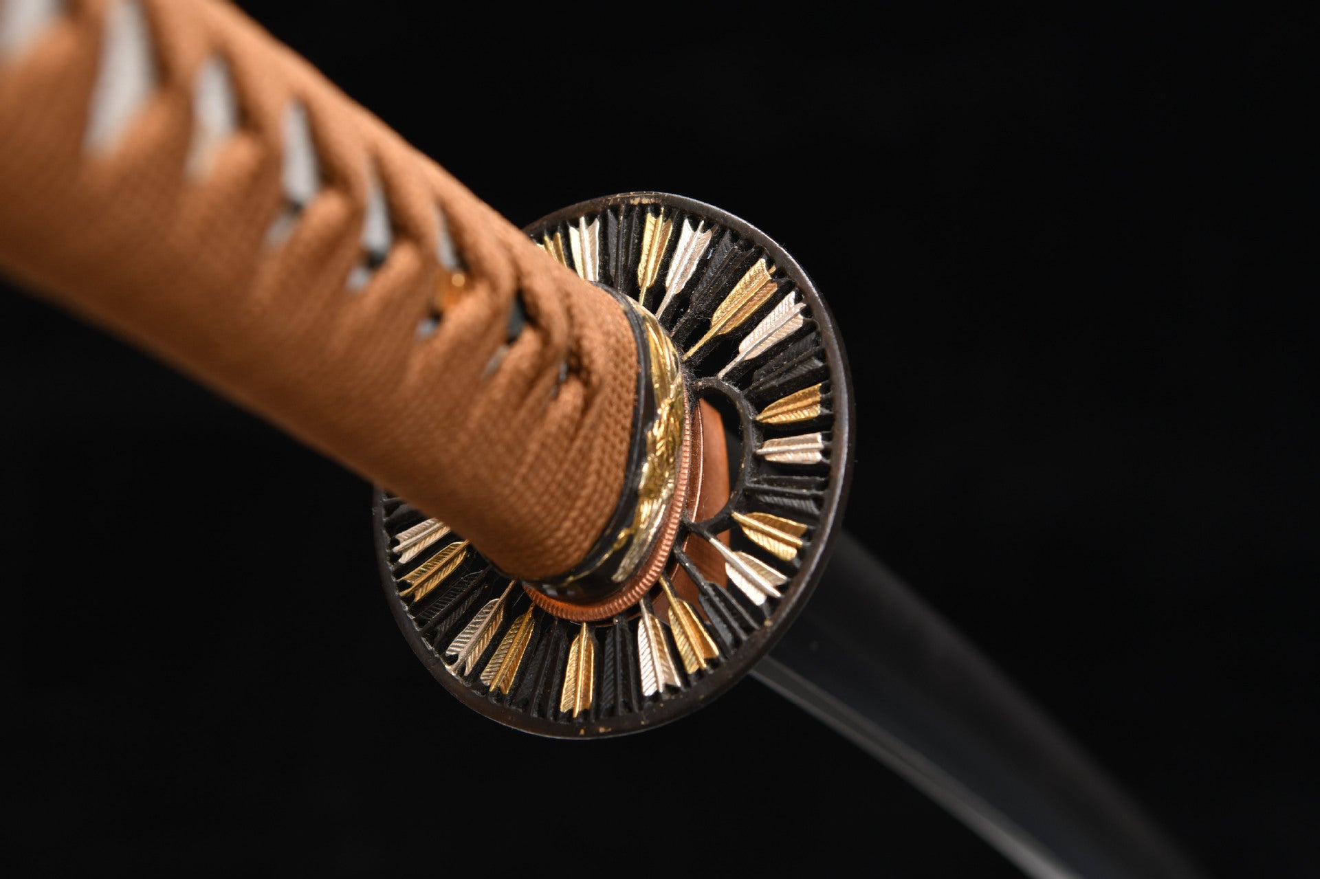 New handcrafted long pure copper gilded 20-inch three-color polished samurai sword with a tempered steel blade - Ten Thousand Arrows Ribbed Chisel