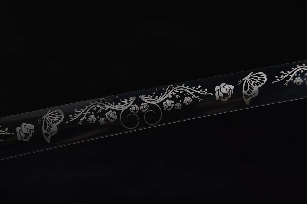26-inch High Performance Steel Blackened and Carved Samurai Sword - Butterfly Flower Sword Fighting