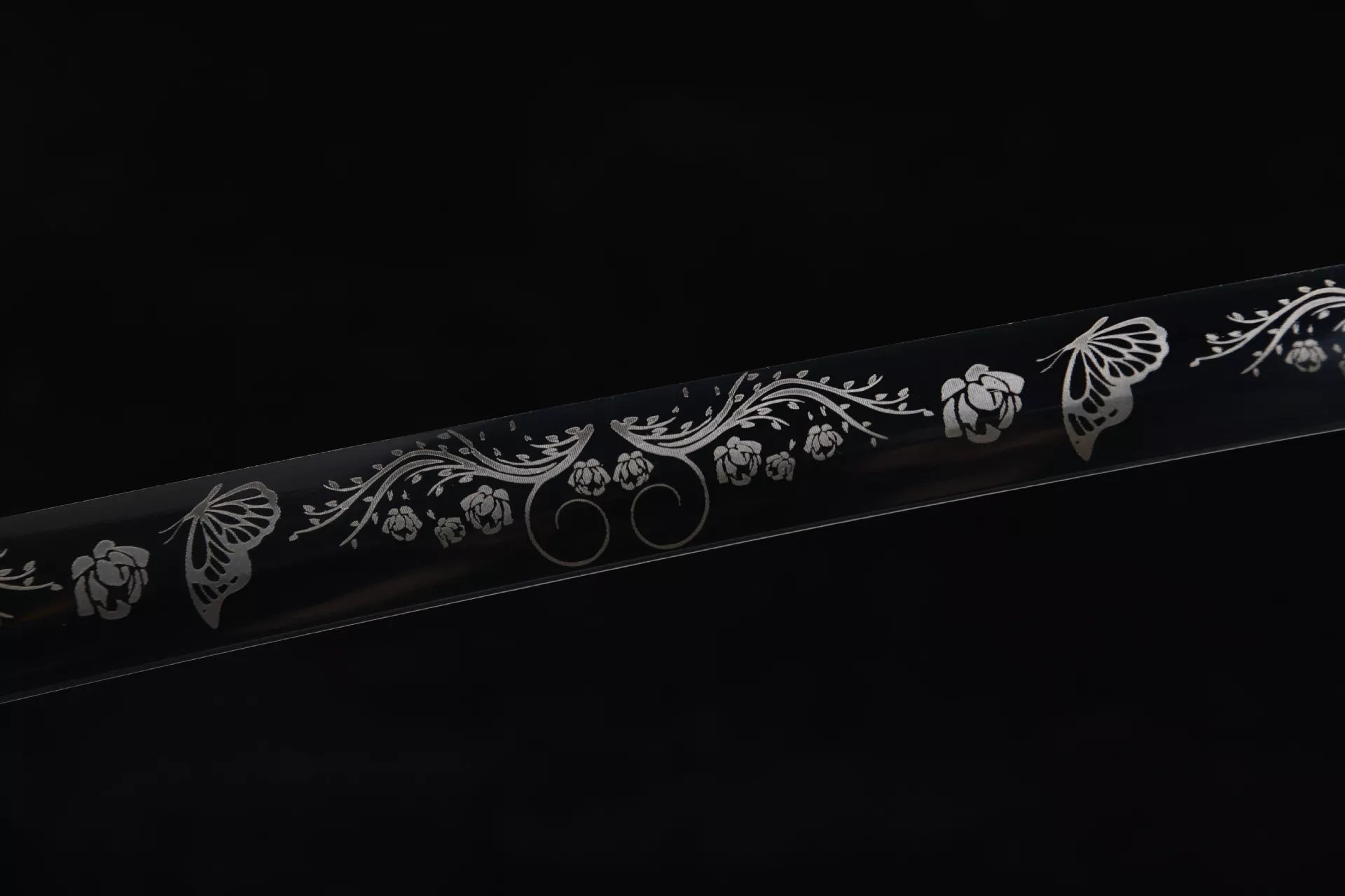 26-inch High Performance Steel Blackened and Carved Samurai Sword - Butterfly Flower Sword Fighting