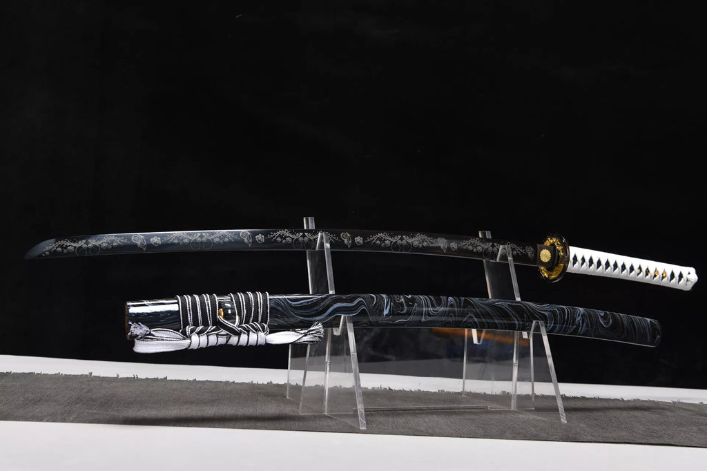 26-inch High Performance Steel Blackened and Carved Samurai Sword - Butterfly Flower Sword Fighting
