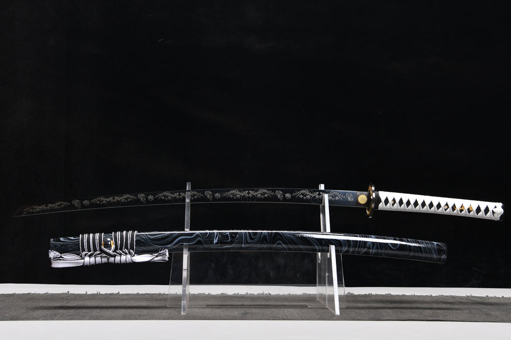 26-inch High Performance Steel Blackened and Carved Samurai Sword - Butterfly Flower Sword Fighting