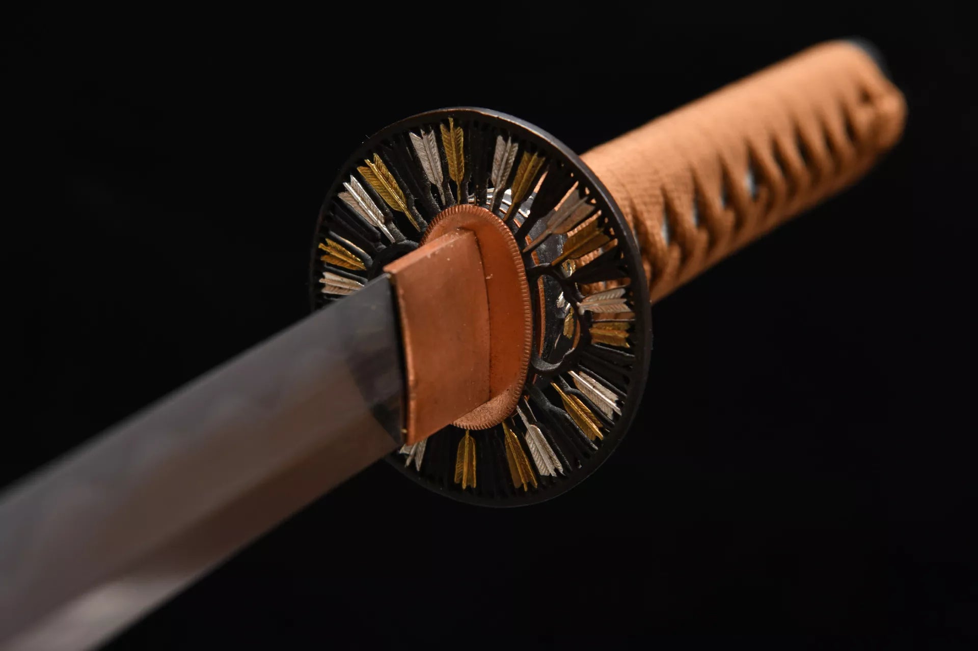 New handcrafted long pure copper gilded 20-inch three-color polished samurai sword with a tempered steel blade - Ten Thousand Arrows Ribbed Chisel