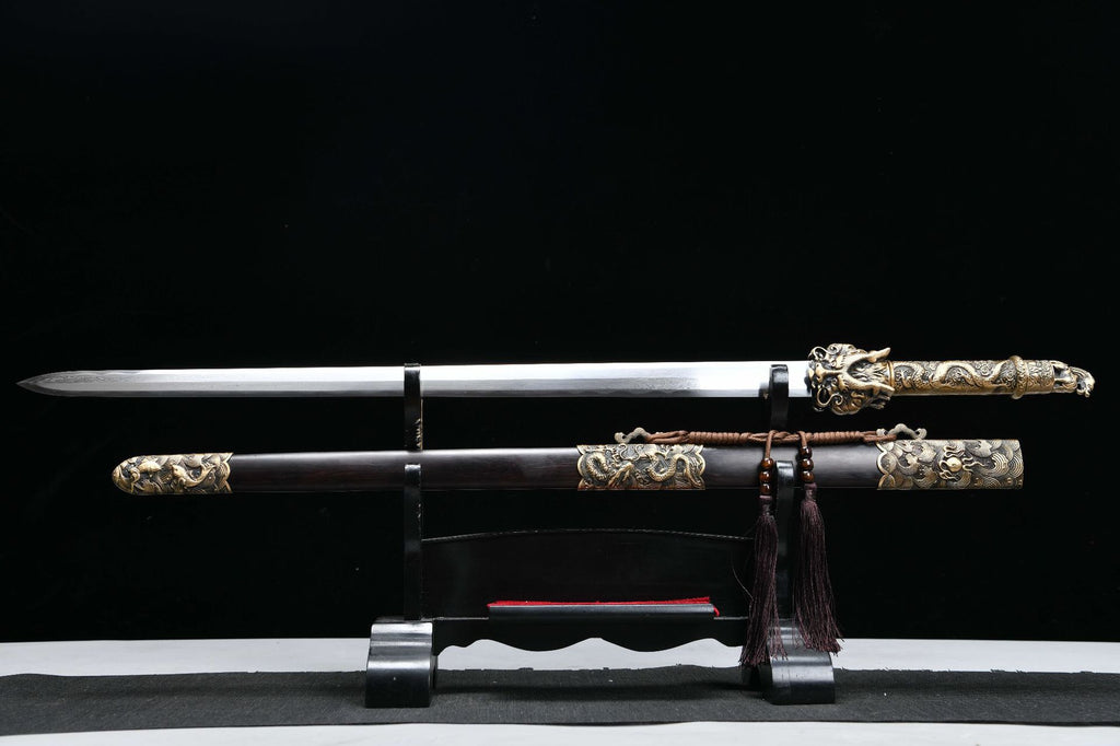 2360 New Handmade Long 28-inch Patterned Steel Burnished Edge Tang Sword - Dragon King Heavy Sword