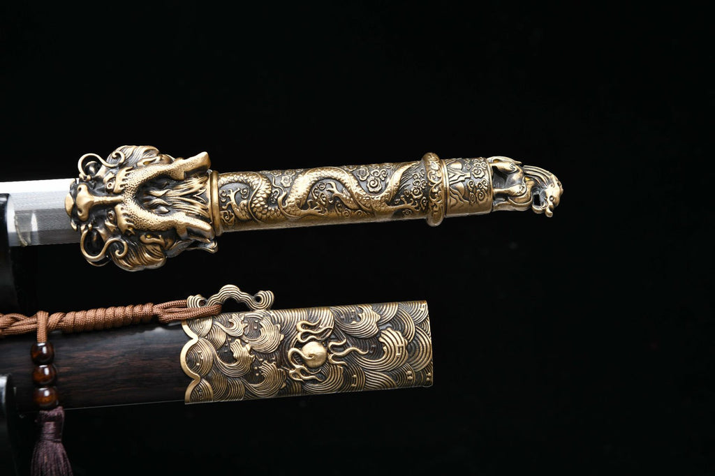 2360 New Handmade Long 28-inch Patterned Steel Burnished Edge Tang Sword - Dragon King Heavy Sword