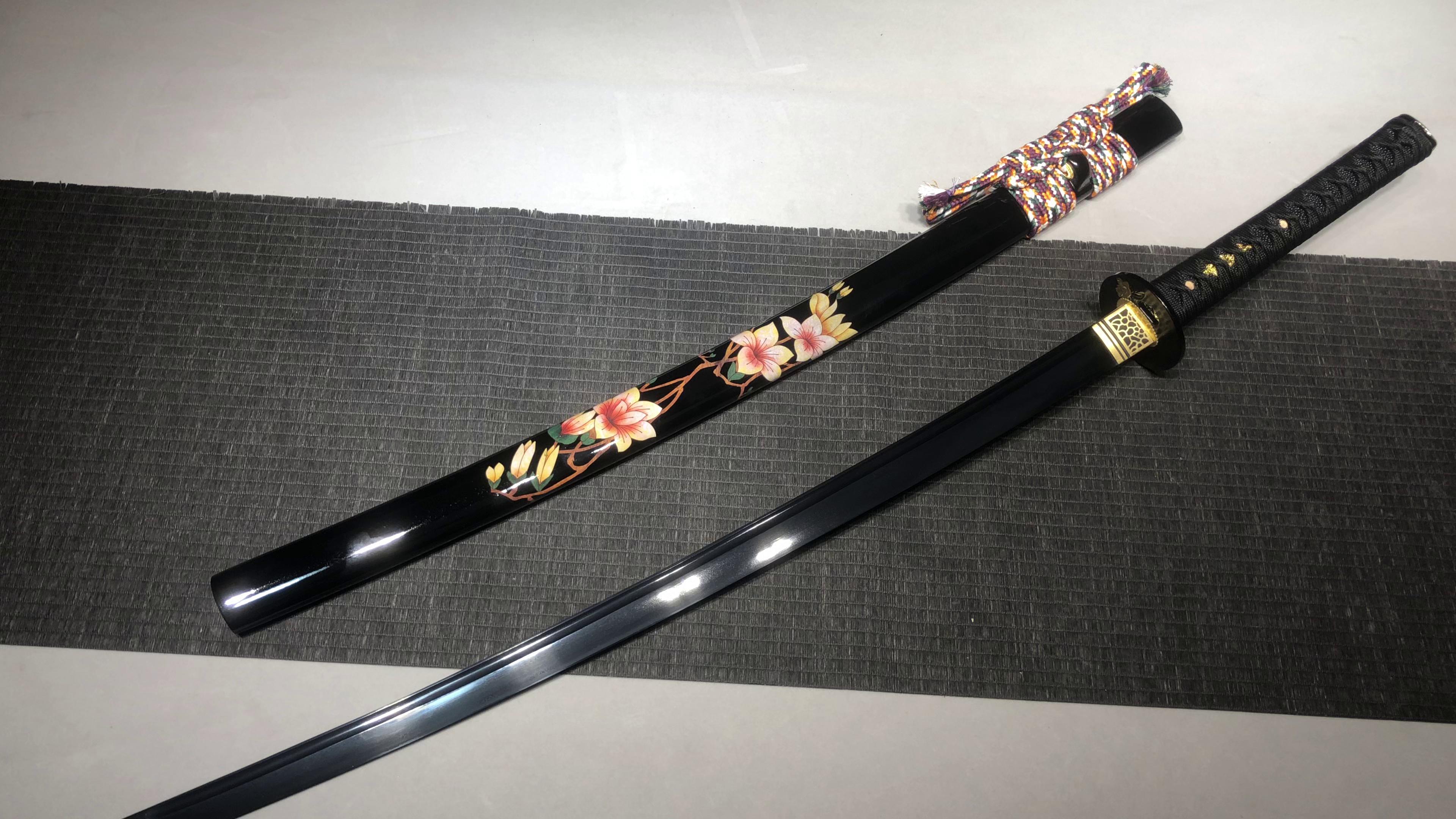 680 New Handmade Long 26-inch Patterned Steel Hair Black Samurai Sword - Butterfly Fighting Sword
