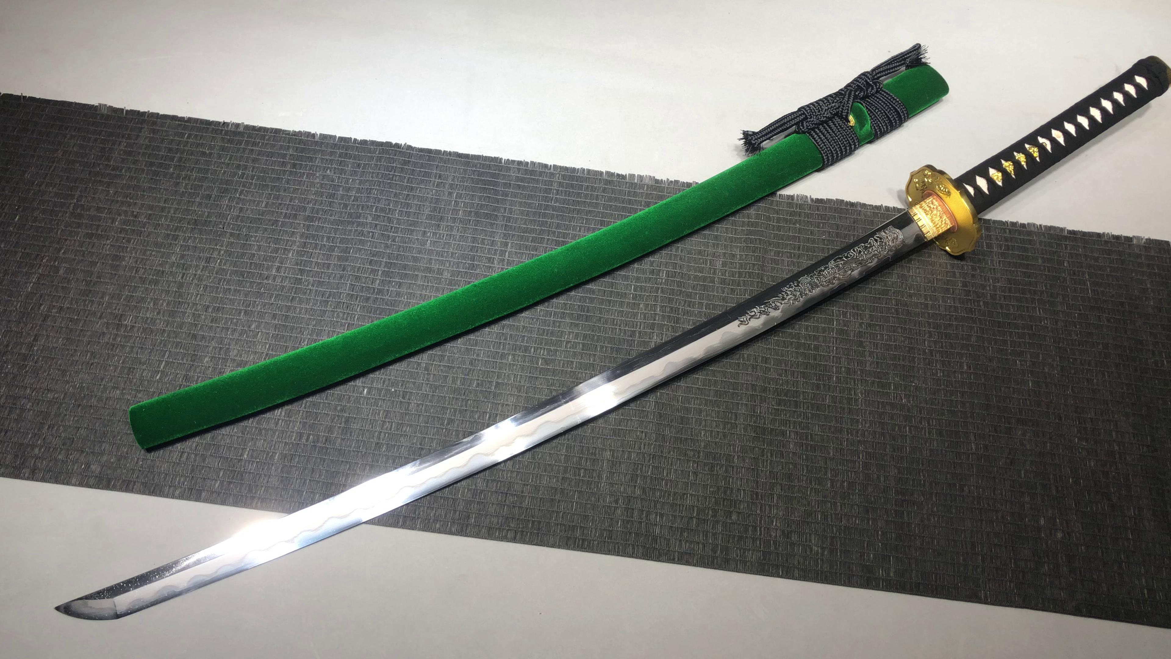 2300 New Handmade Long 26-inch Pure Copper and Gold-Plated Triple Hatchet Samurai Sword - Green Dragon Fighting Sword