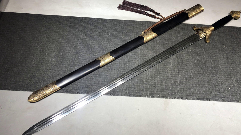 1200 New Handmade Long 28-inch Ebony Patterned Steel Clear Sword - Plum Blossom One-Handed Sword