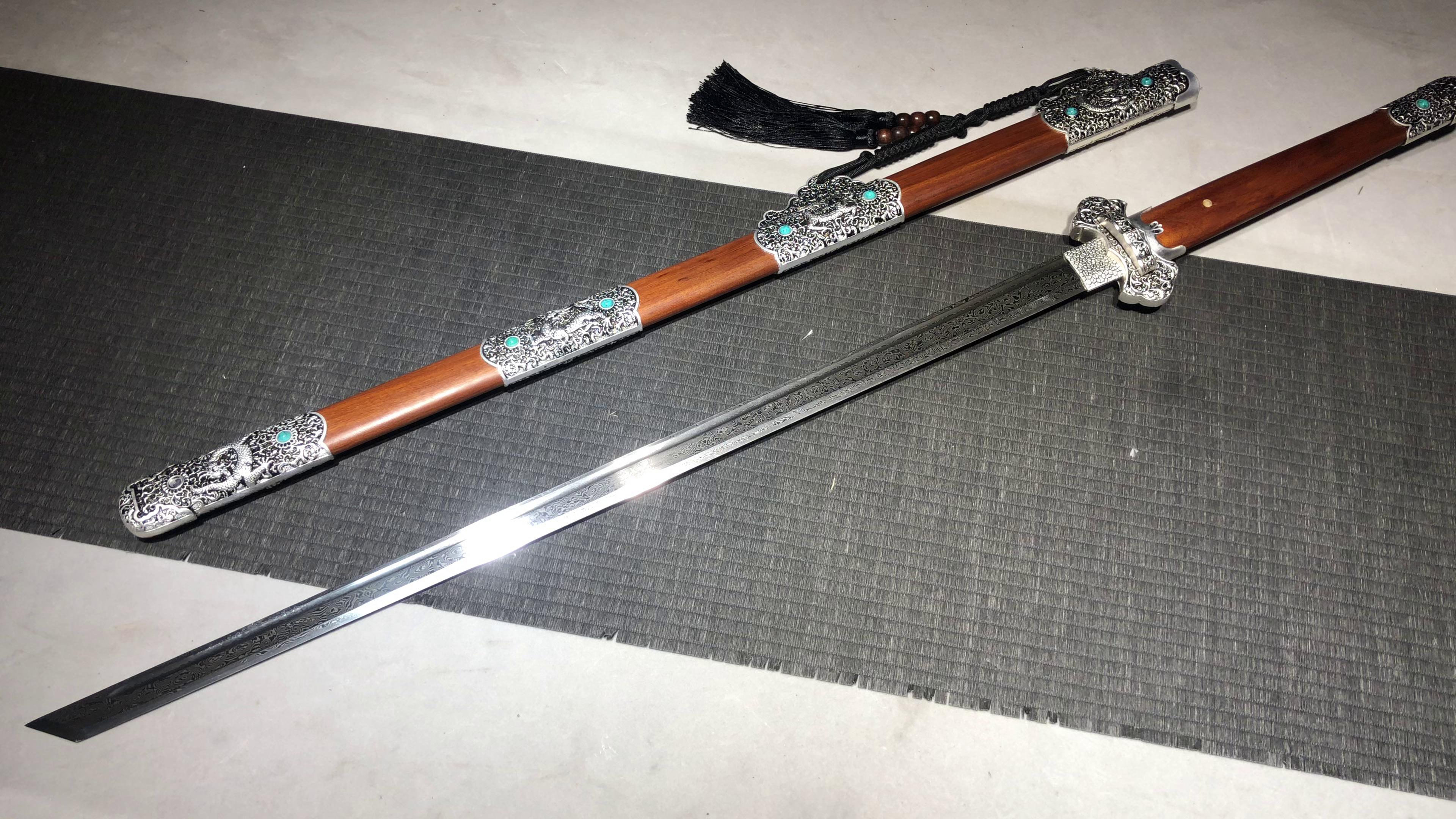 920 New Handmade Long 26-inch Patterned Steel Tang Sword - Silver Dragon Tang Sword