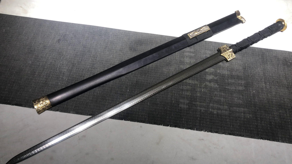 1200 New Handmade Long 28-inch Pure Copper Mounted Hundred Refined Steel Ancient Han Sword with Ladder Pattern - Chi-Dragon Han Sword (Classic Vintage Model)