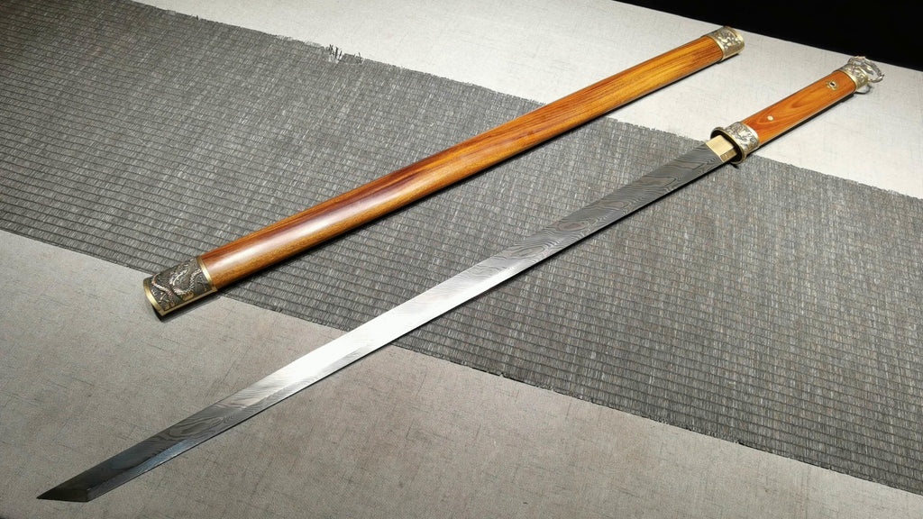 1200 Year-end Welfare Special Long 26 inch New Damascus Copper Mounted Tang Knife - Dragon Flying Phoenix Dance