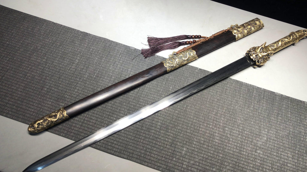 2360 New Handmade Long 28-inch Patterned Steel Burnished Edge Tang Sword - Dragon King Heavy Sword