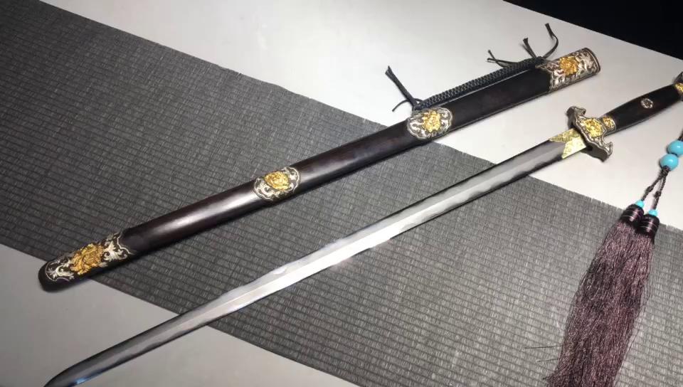 2560 Fine handmade Long 28-inch gilt-silver mounted Qing sword - Peony Sword (gilt mounted)