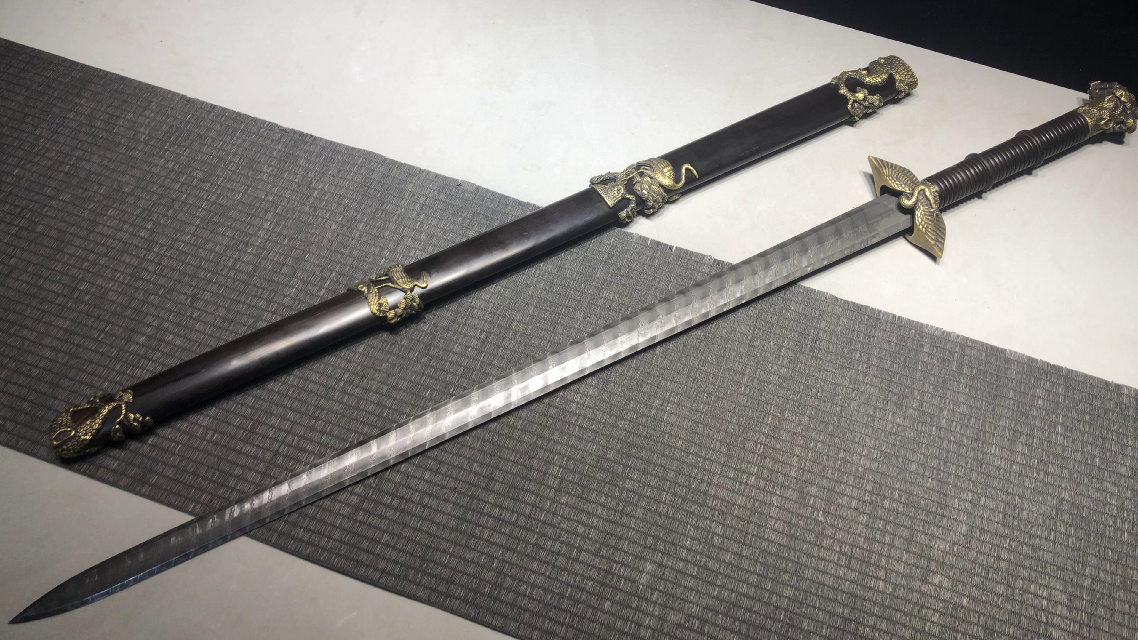 1700 New handmade Long 28 inch ebony ladder pattern Tang sword--Pine and Crane Evergreen Fukushou Sword