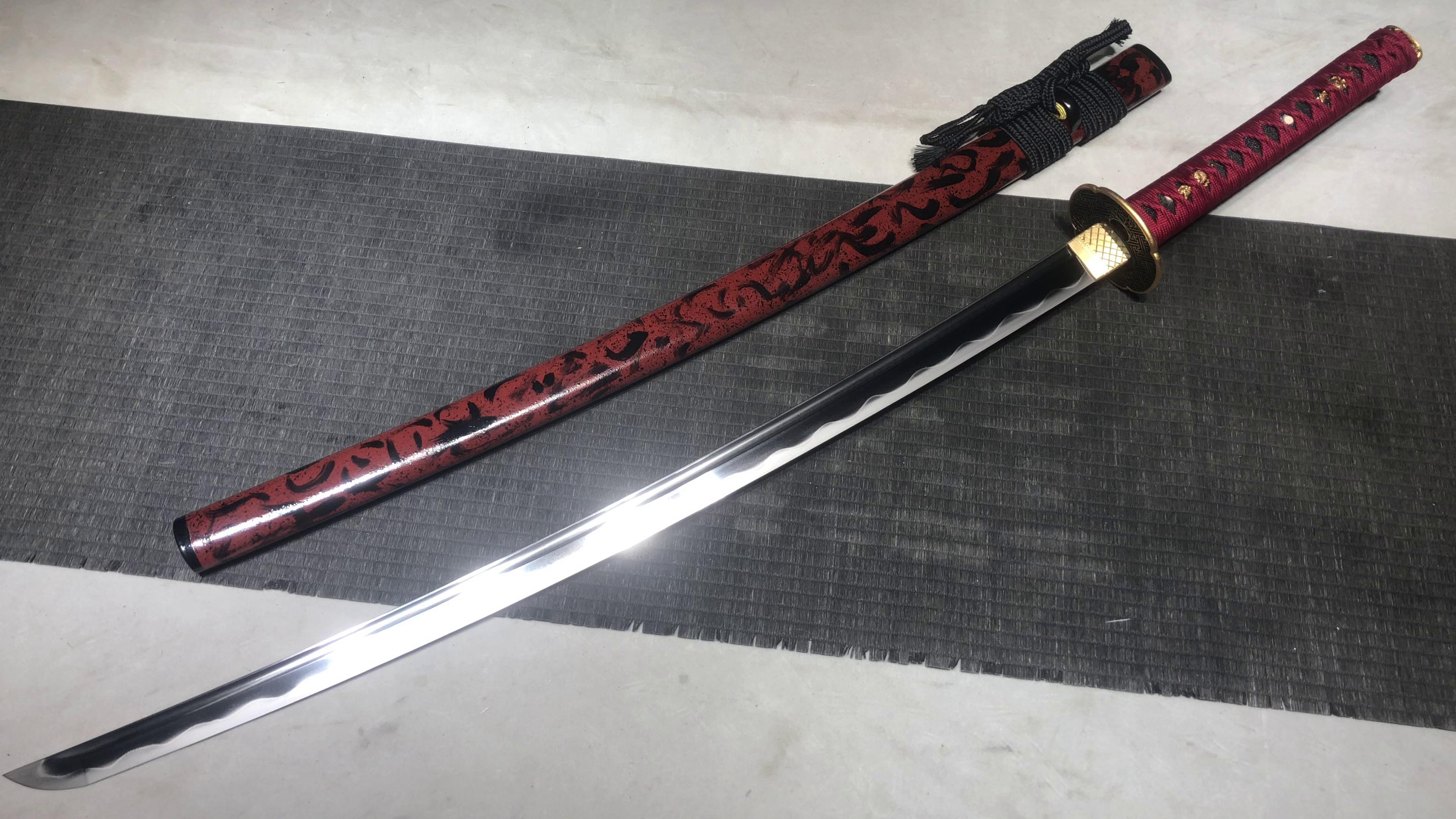 1660 New Handmade Long 26-inch T10 Burnt-Edge Sword Higashi-Ken Samurai Sword - Swastika Aoi Kabuto