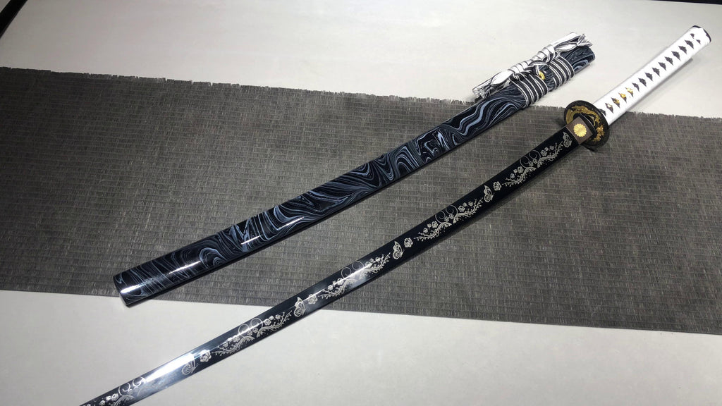 26-inch High Performance Steel Blackened and Carved Samurai Sword - Butterfly Flower Sword Fighting