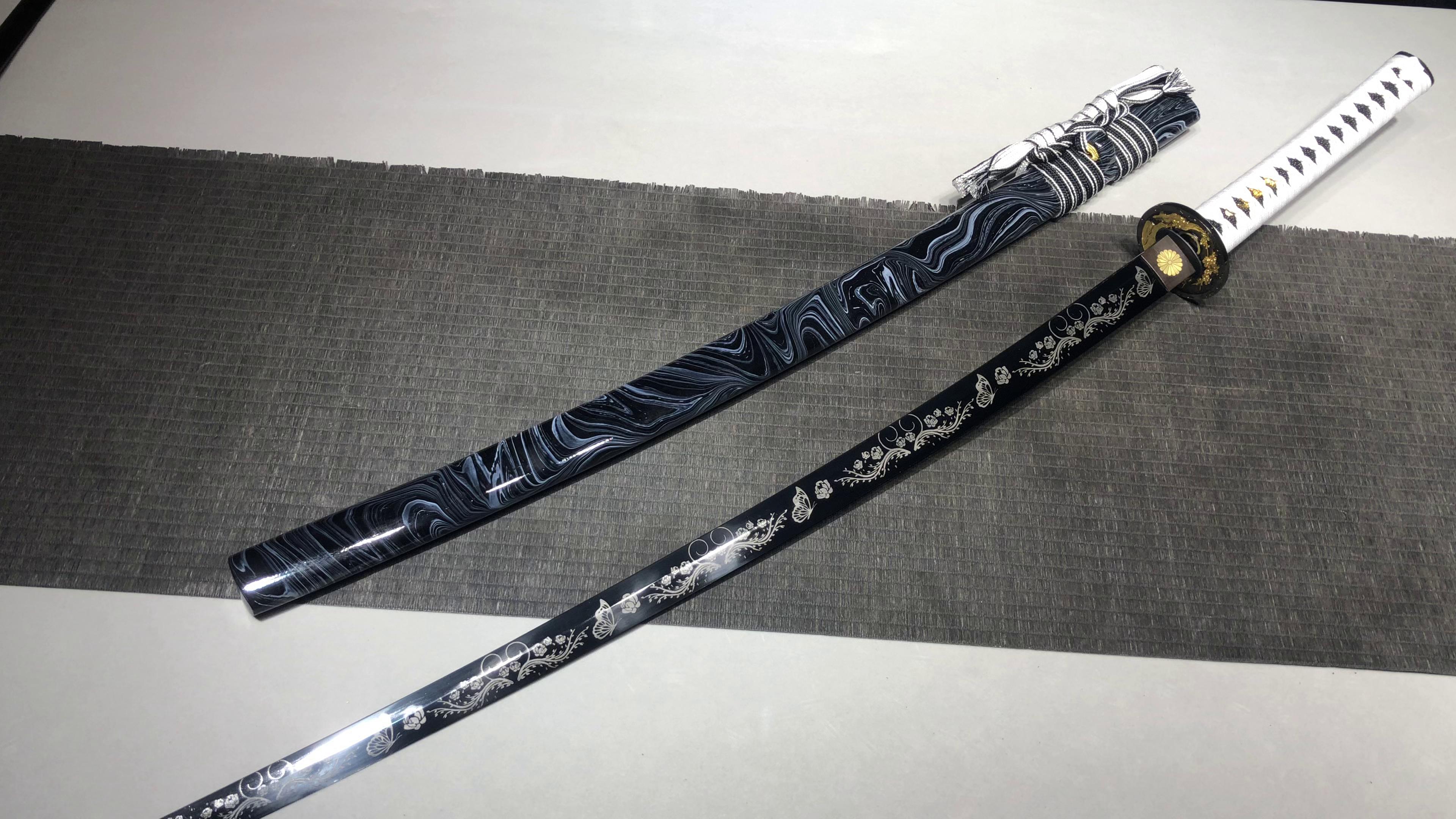 26-inch High Performance Steel Blackened and Carved Samurai Sword - Butterfly Flower Sword Fighting