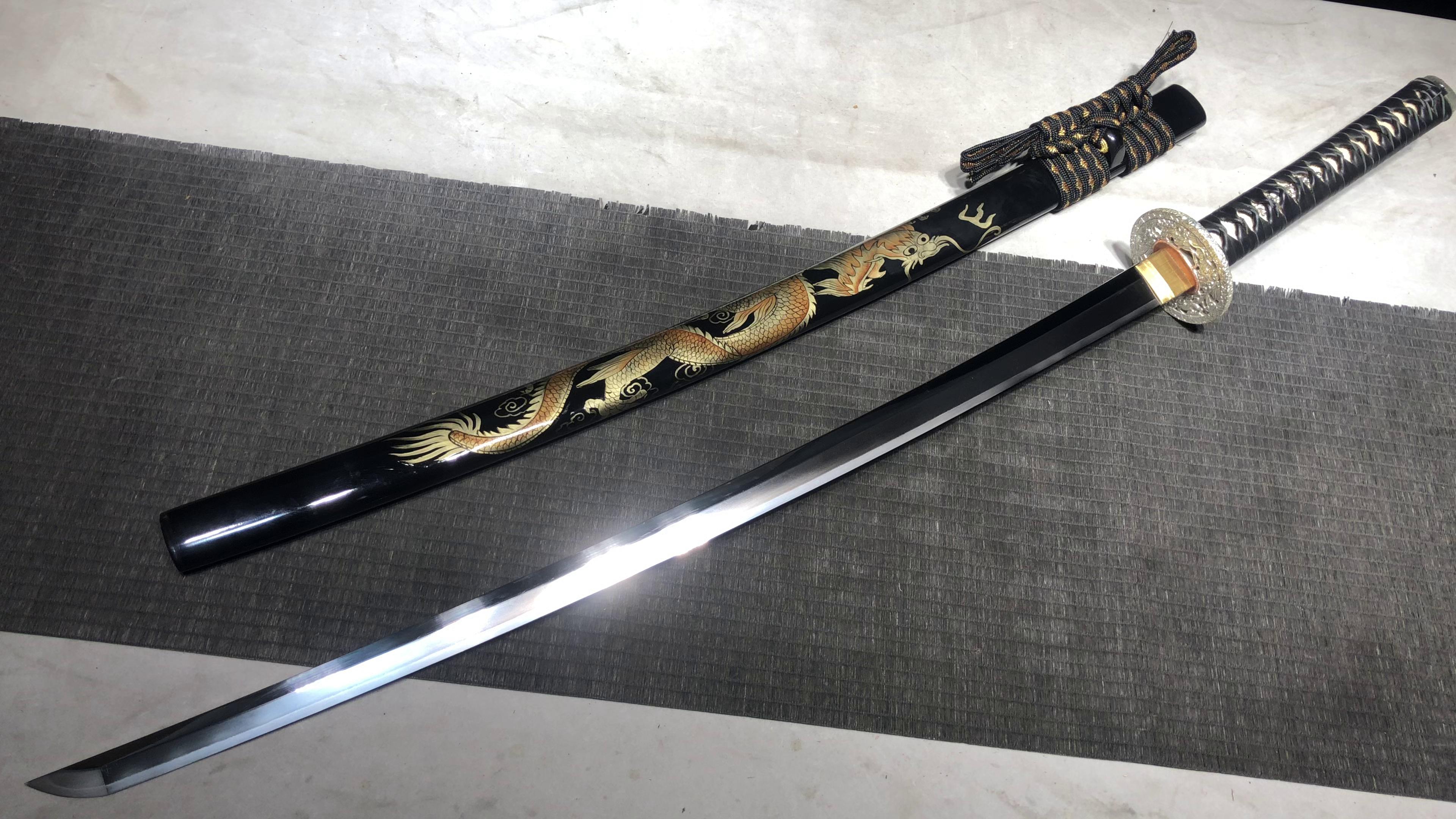 2860 New Handmade Long Pure Copper and Gilt Silver Mounted 26 inch Ground Muscle Steel Straight Blade with Burnished Edge Japanese Three Colors Seiken Samurai Sword - Translucent Carved Irisu Ryu Taisho (Maki-e version)