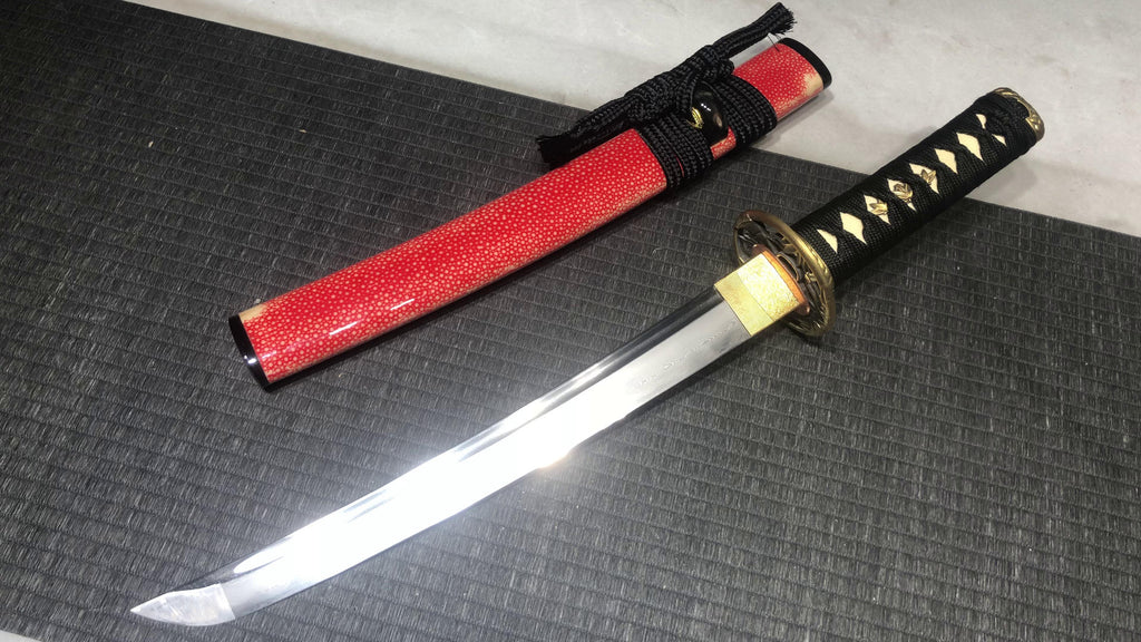1200 New Handmade Short 12-inch Patterned Steel Burnished Blade Samurai Sword - Gold Bamboo Short Sword