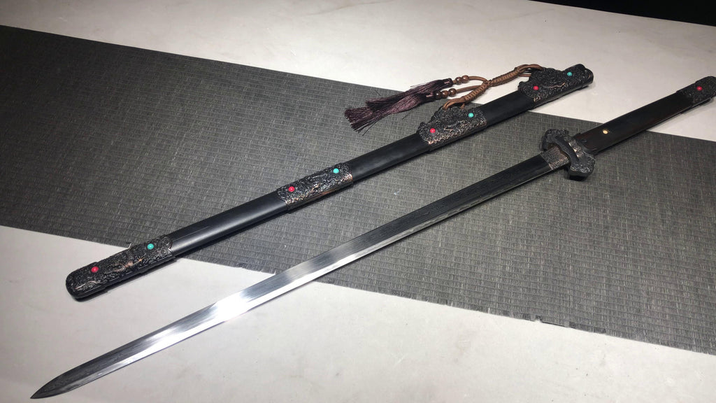 1060 New Handmade Long 26-inch Patterned Steel Burnished Edge Deluxe Blades Tang Sword - Ink Dragon Tang Sword