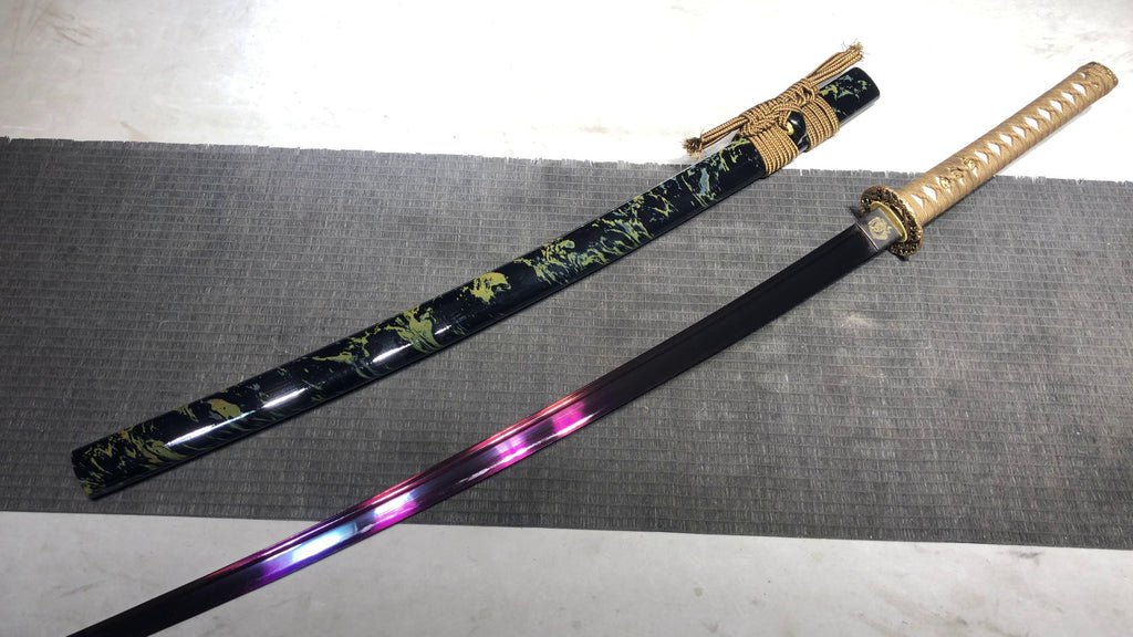 1120 New Handmade Long Gilt Mounted 26-inch High Manganese Steel Roasted Purple Samurai Sword - Golden Sea Wave Beating Sword (Cool Black Edition)